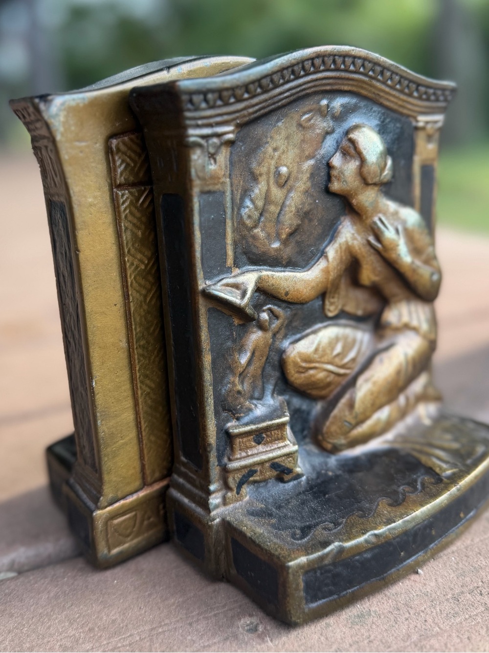 1922 Armor Bronze Co Pandoras Box Bookends Art Deco Polychrome Clad Pair